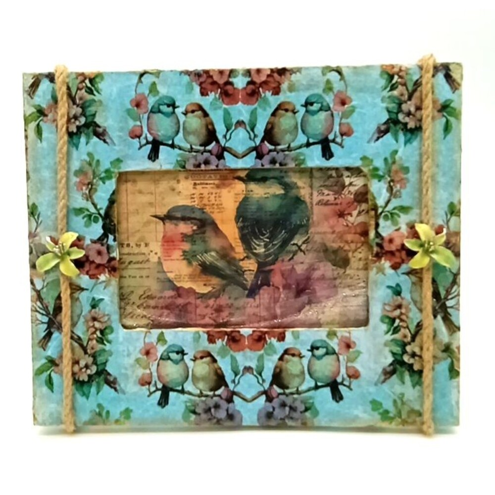 Decoupaged Love Birds & Floral Decorative Photo Frame Embellished